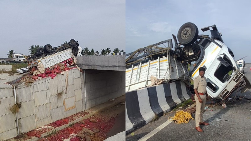 Kolar  : ಹೆದ್ದಾರಿಯಲ್ಲಿ ಲಾರಿ ಪಲ್ಟಿ – ರಸ್ತೆ ತುಂಬಾ ಈರುಳ್ಳಿ, ಬೆಳ್ಳುಳ್ಳಿ..!!