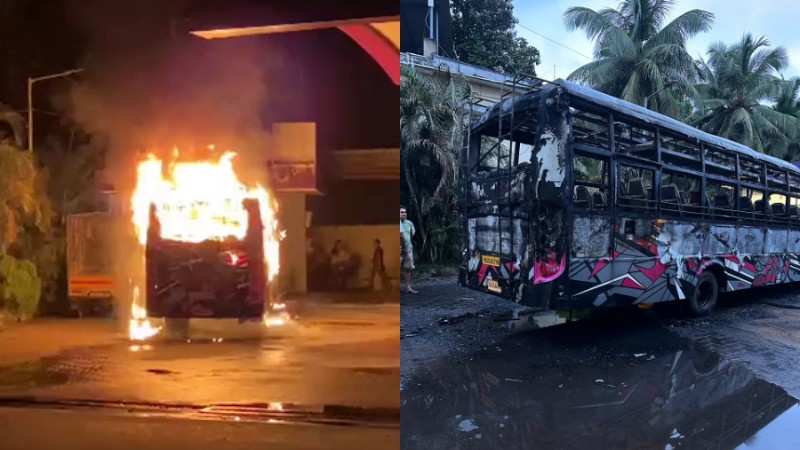 Udupi : ಉಡುಪಿ ಅಲೆವೂರು-ದೆಂದೂರುಕಟ್ಟೆ ಬಳಿ ಹೊತ್ತಿ ಉರಿದ ಬಸ್..!!